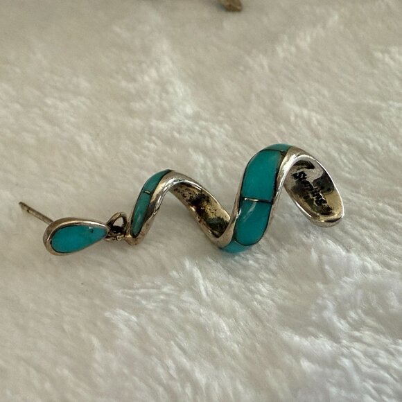 Vintage Sterling Silver Turquoise Blue Opal Spiral Drop Earrings Native American - Picture 9 of 11